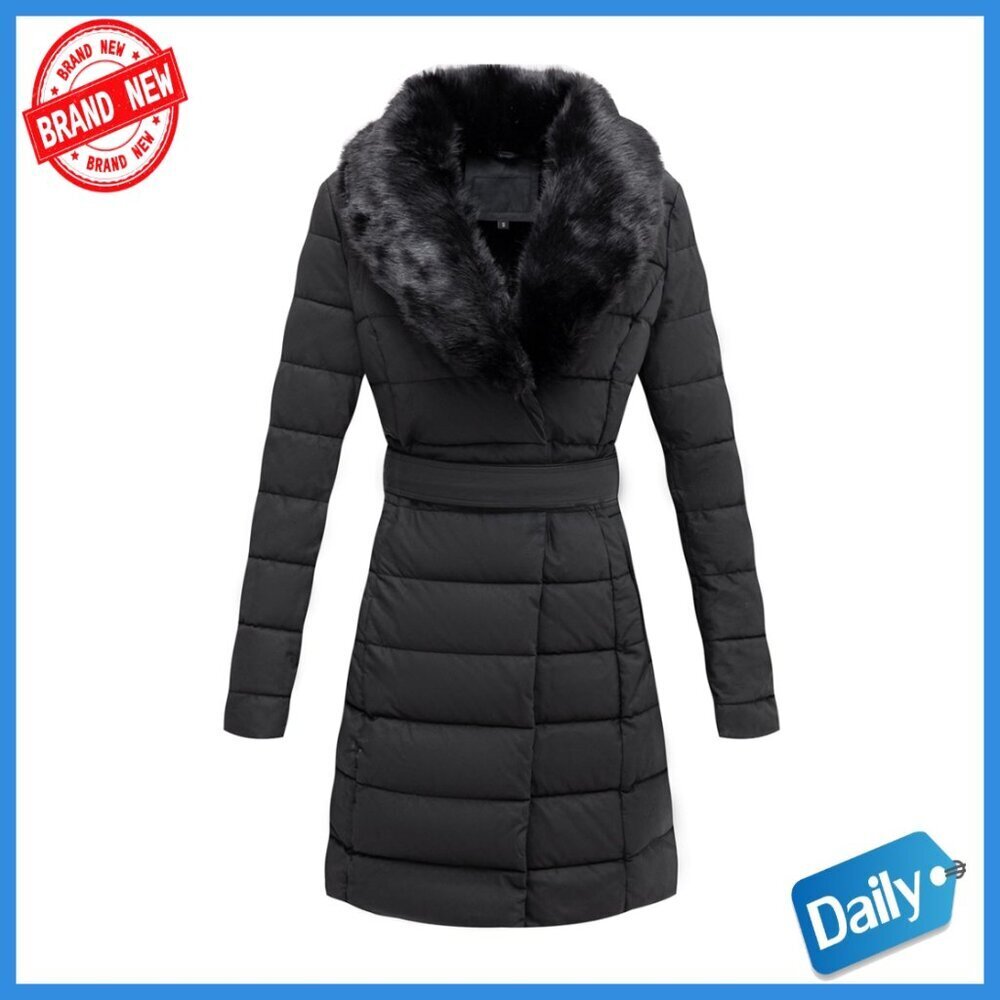Women's Winter Puffer Jacket with Removable Fur Collar and Belt